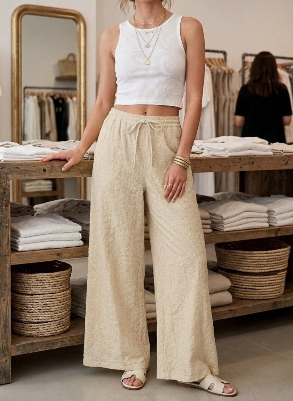 Pantalon Broderie Beige