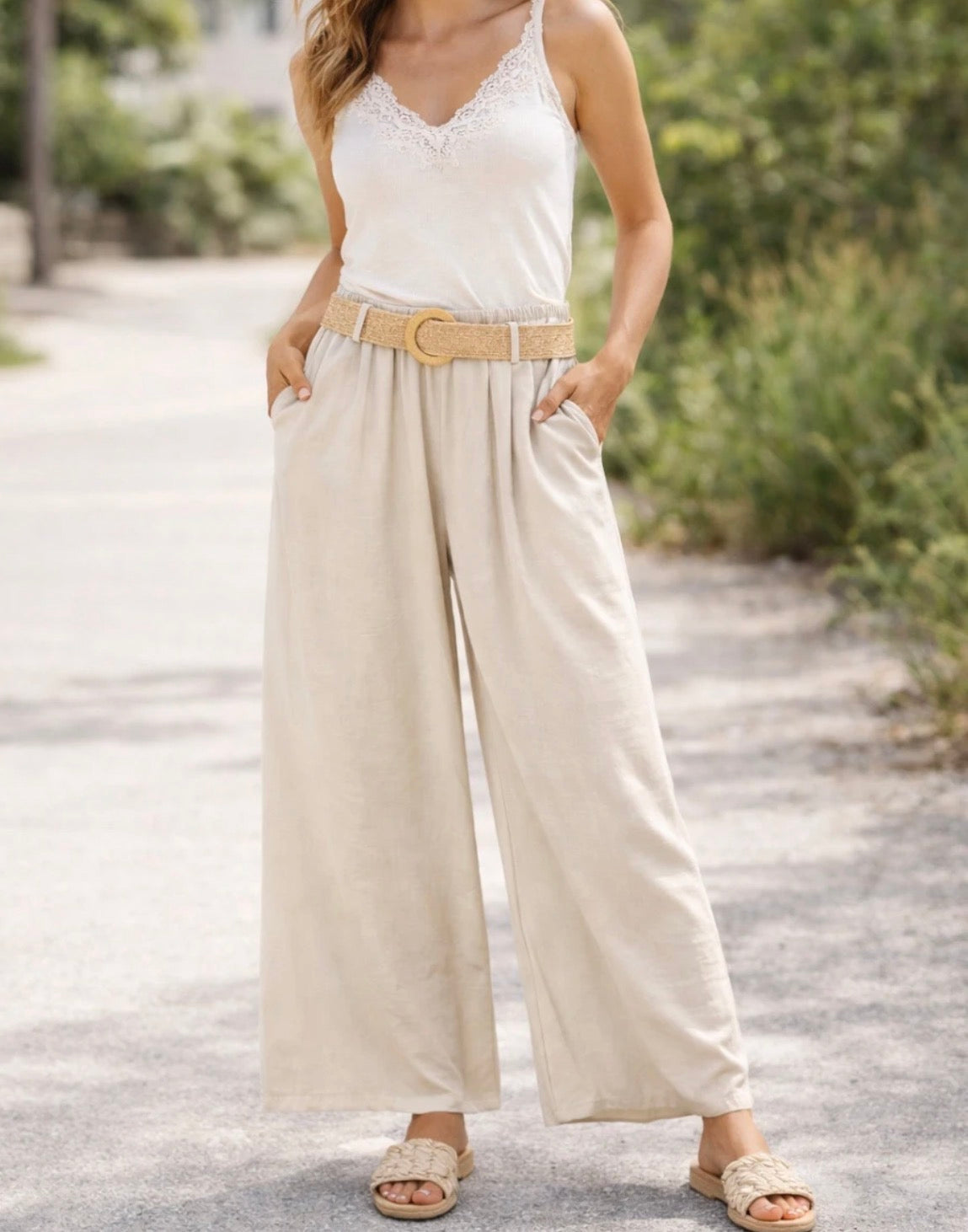 Pantalon Fluide/ceinture Beige