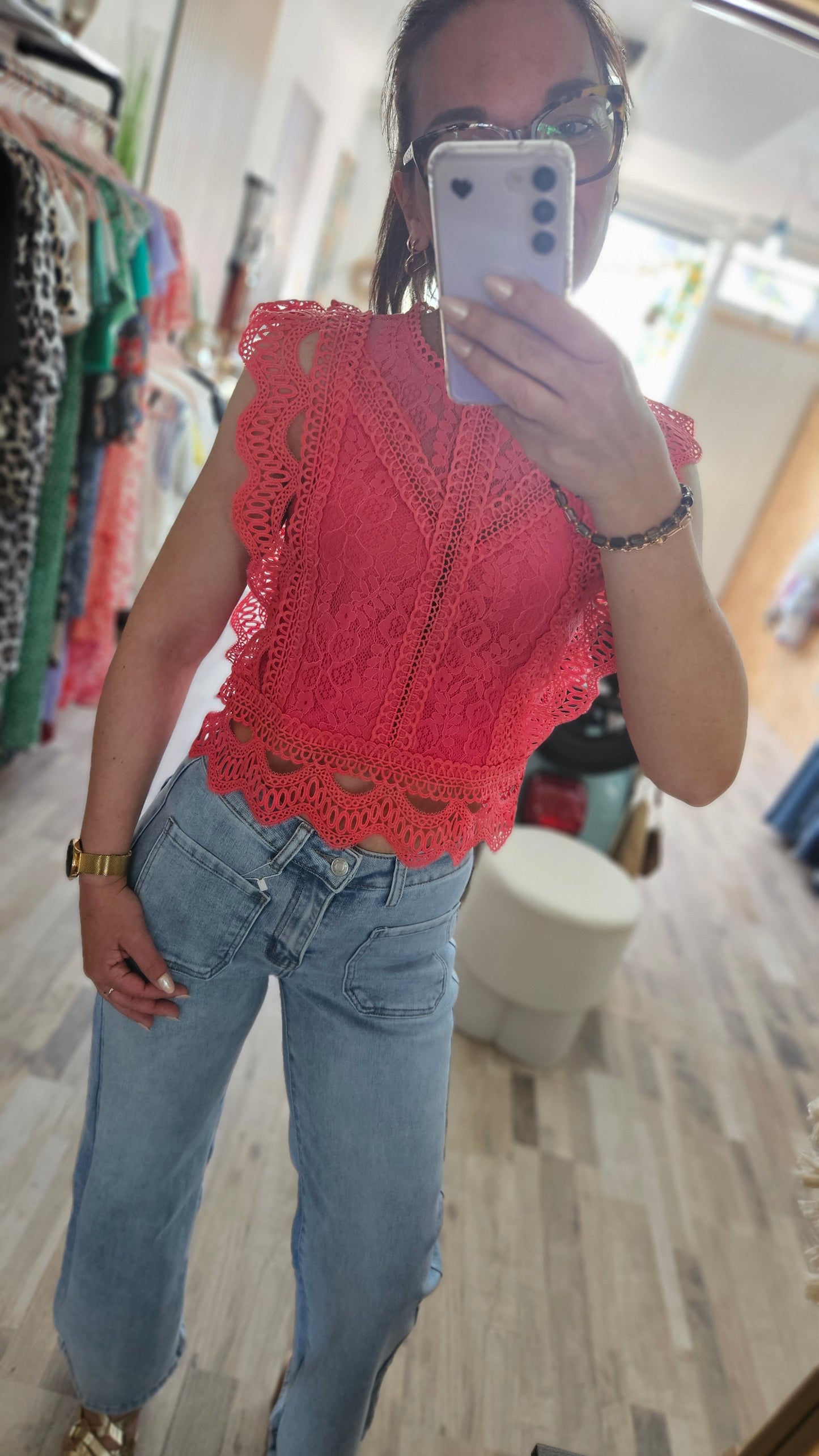 Top dentelle corail