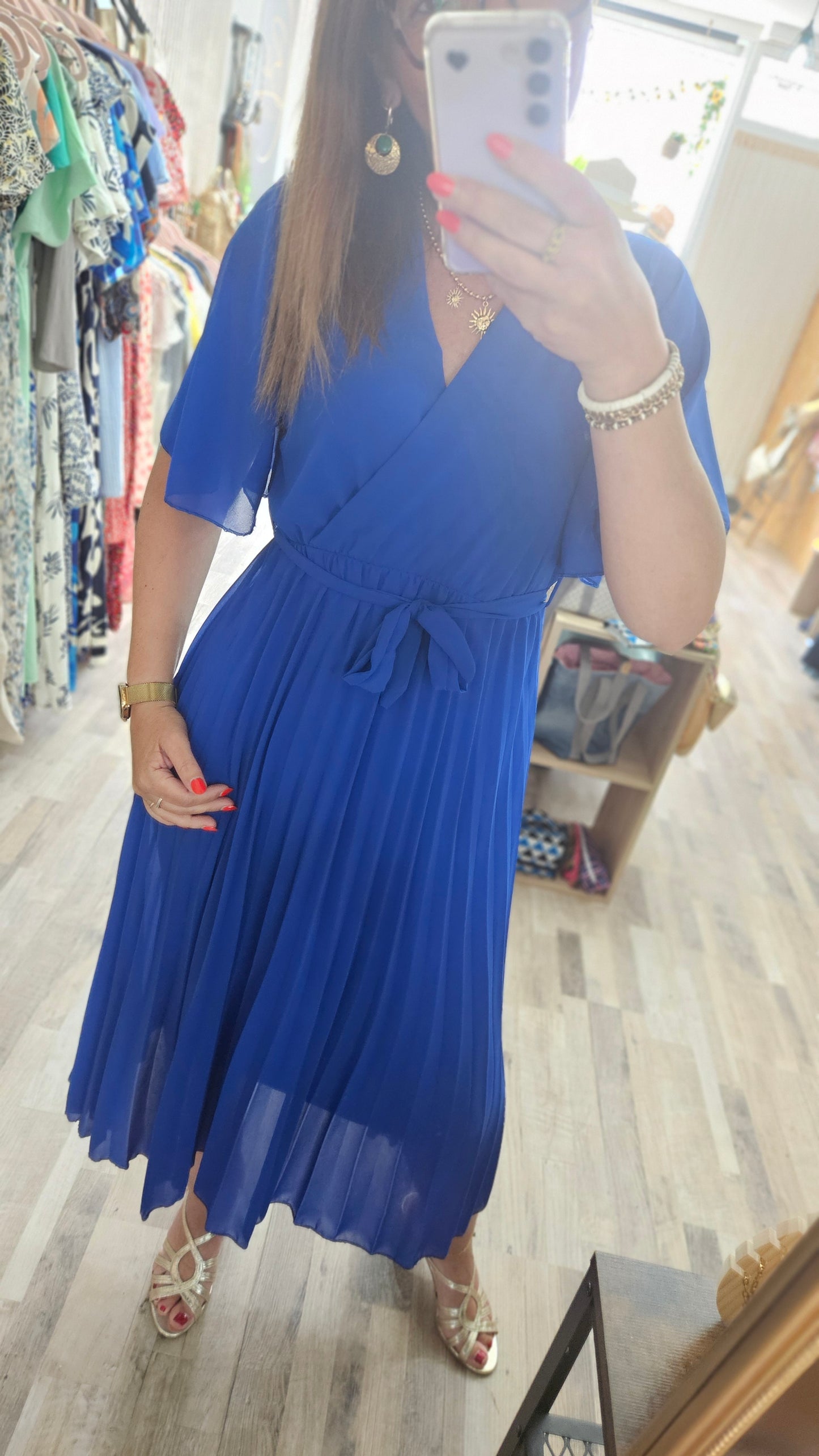 Robe mi-longue plissée Bleue
