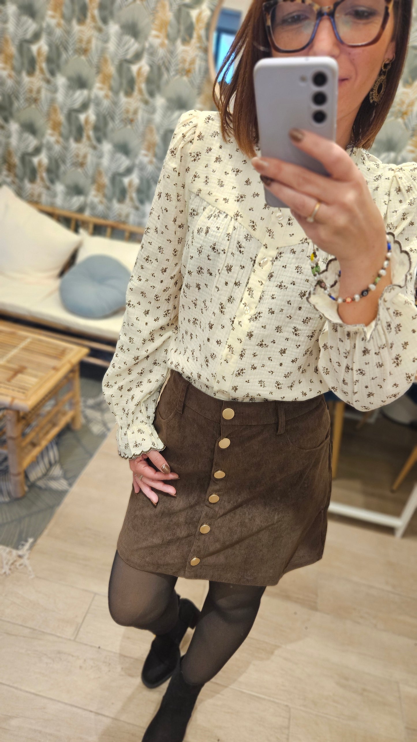 Blouse Ecru feuilles marron