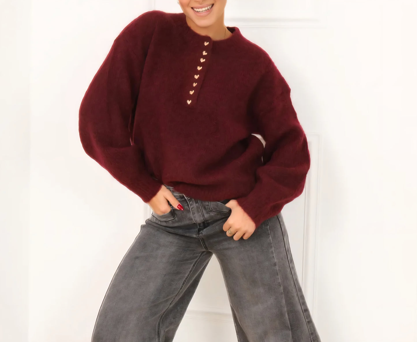 Pull Bordeaux boutons coeur