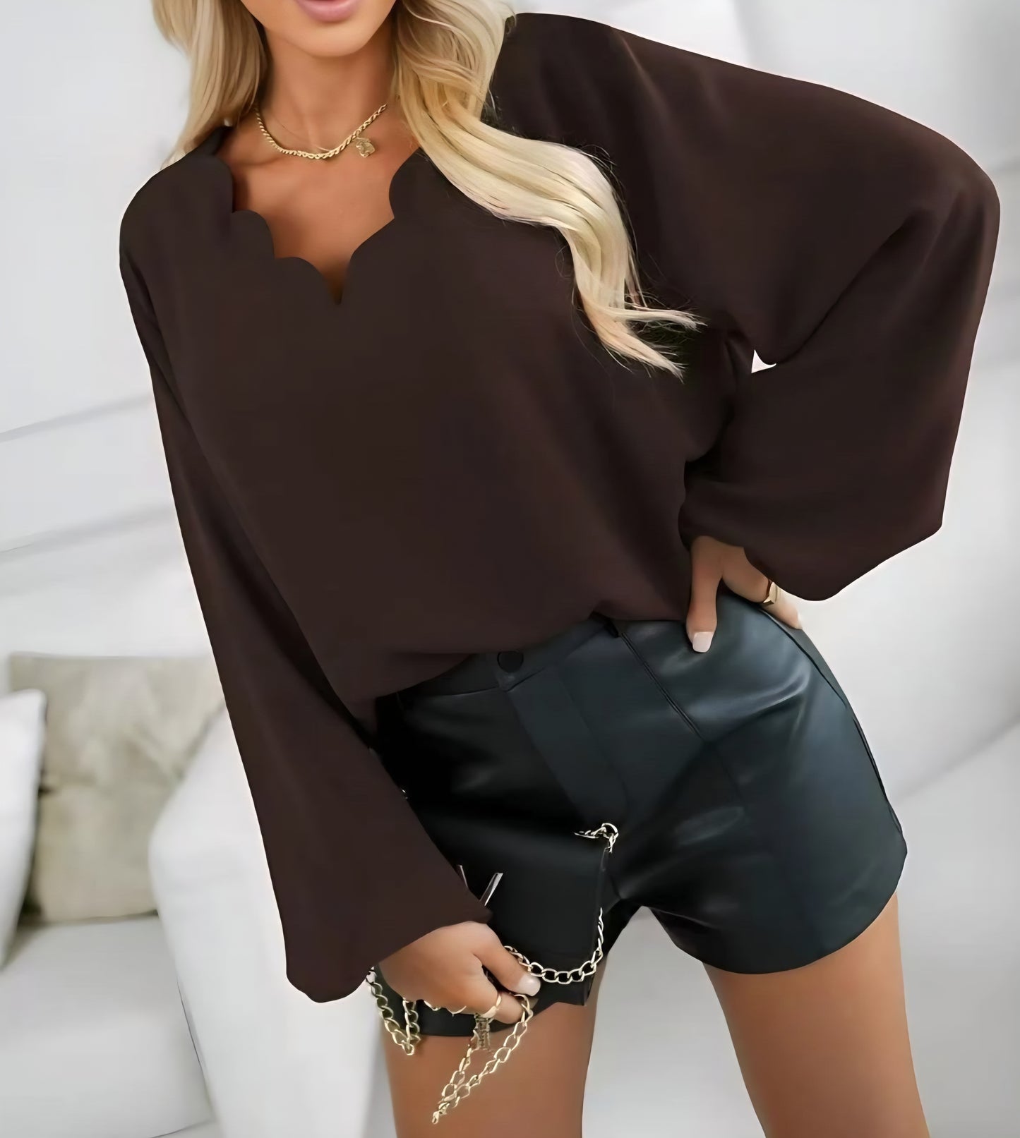 Blouse Marron col festonné