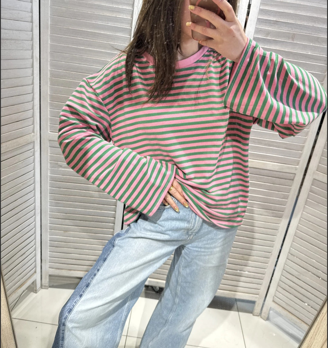 Sweat Rayé Vert/Rose