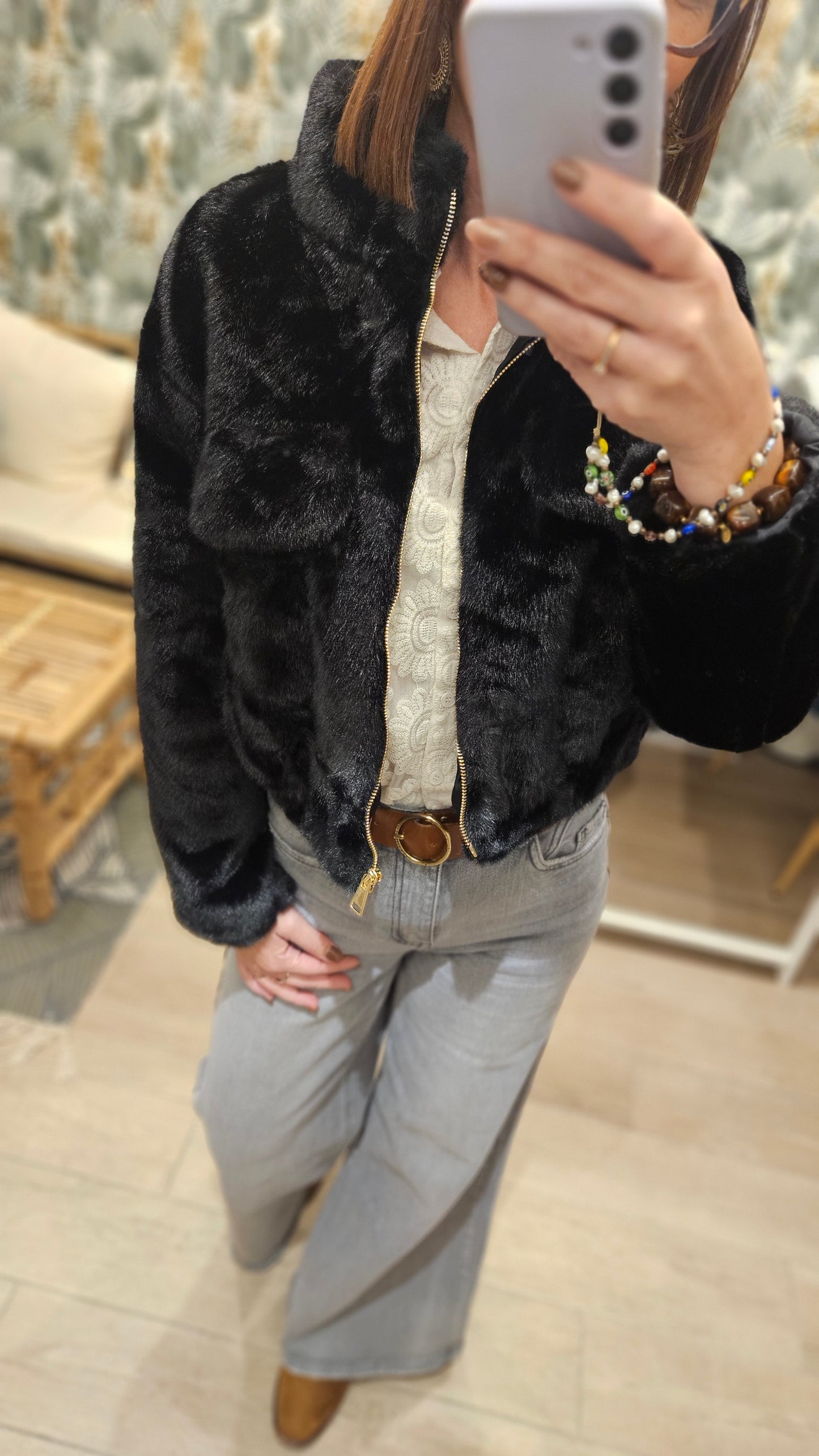 Veste courte fourrure Noir