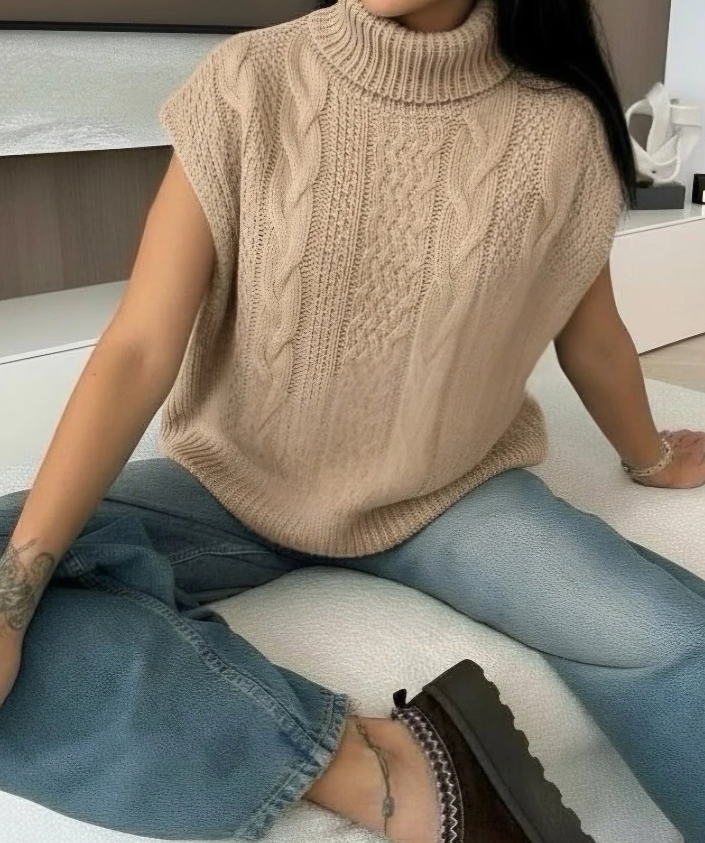 Pull SM col roulé Beige