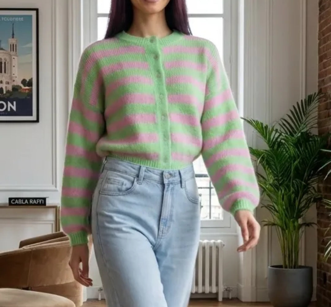 Gilet Rayures Vert/Rose