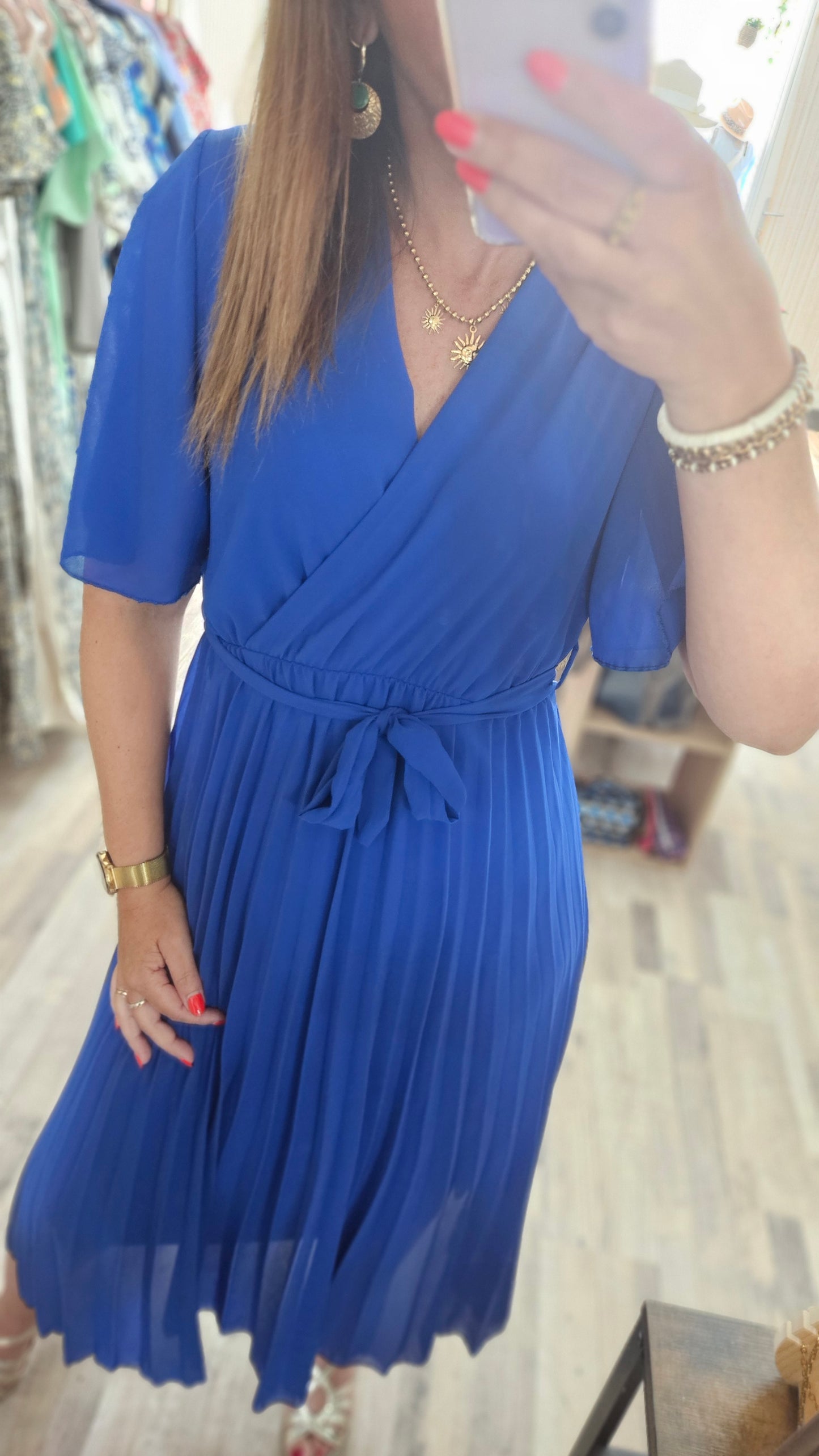 Robe mi-longue plissée Bleue