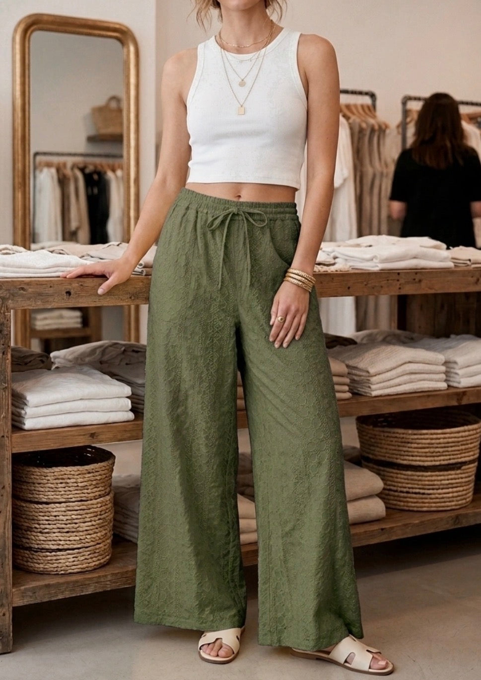 Pantalon Broderie Kaki