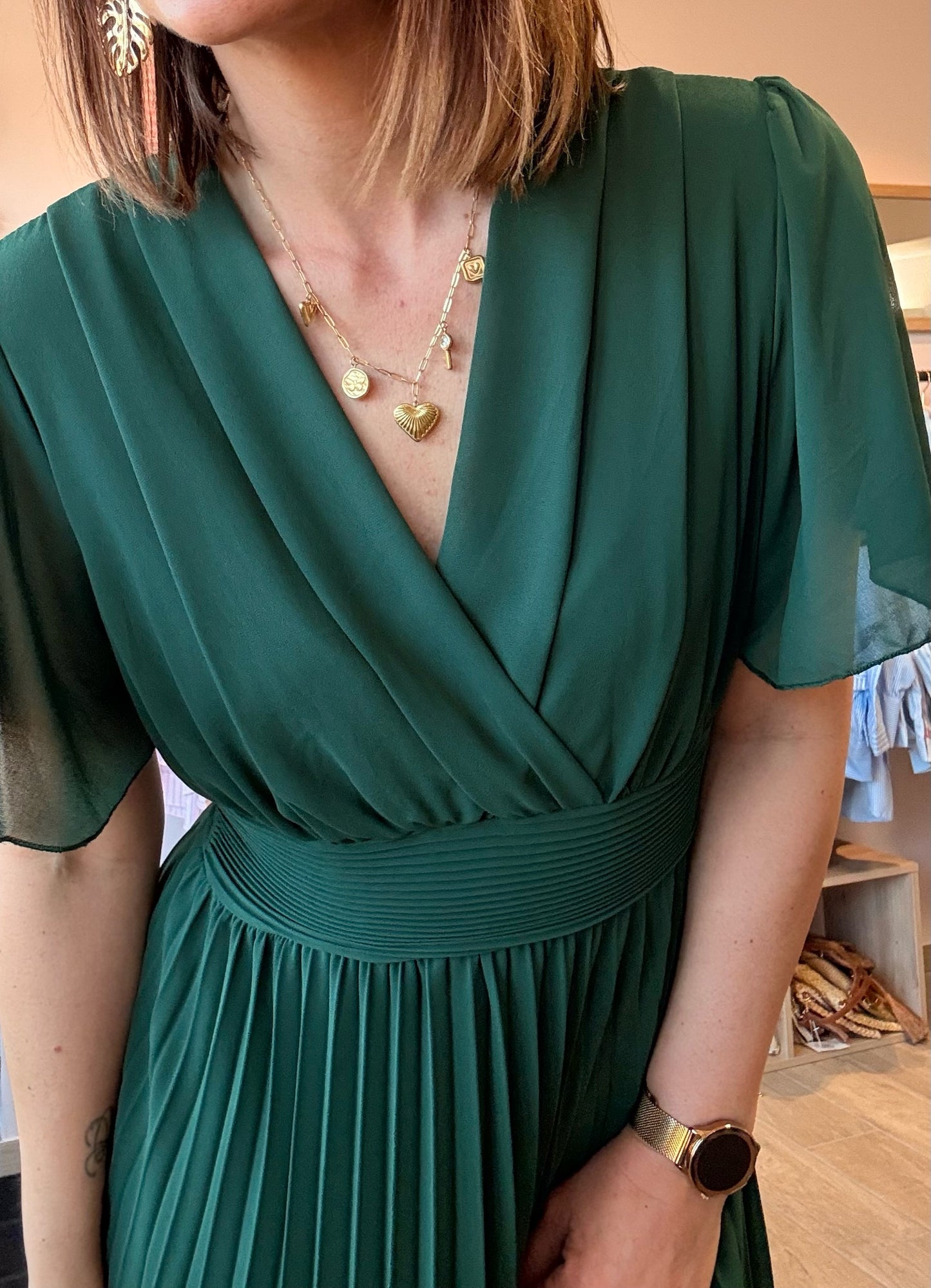 Robe Croisée/Plissée Vert Bouteille