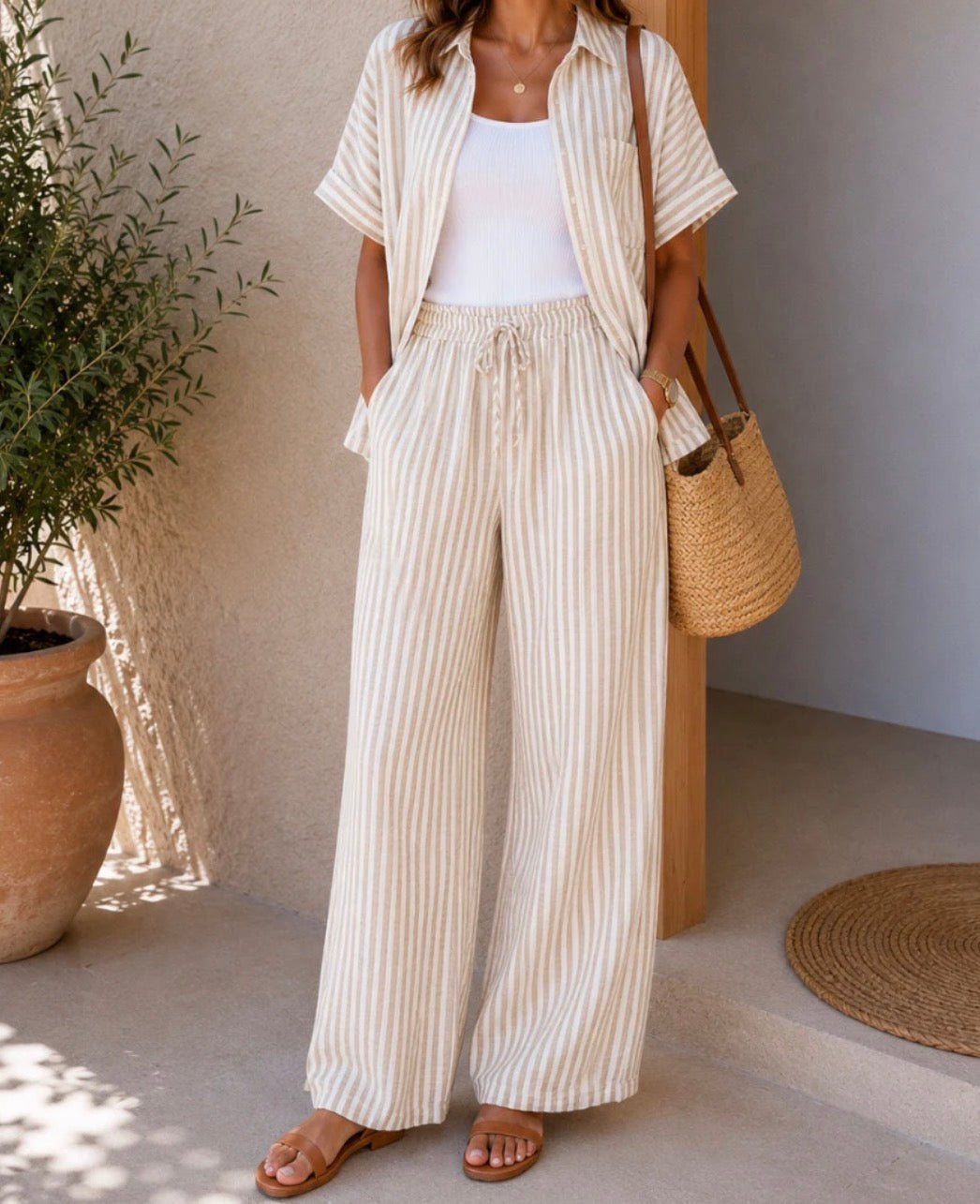 Pantalon rayures Beige