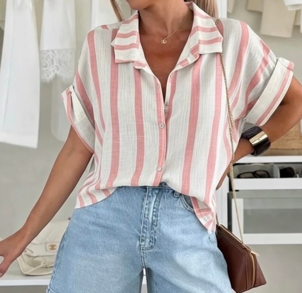 Chemise MC rayéé Rose