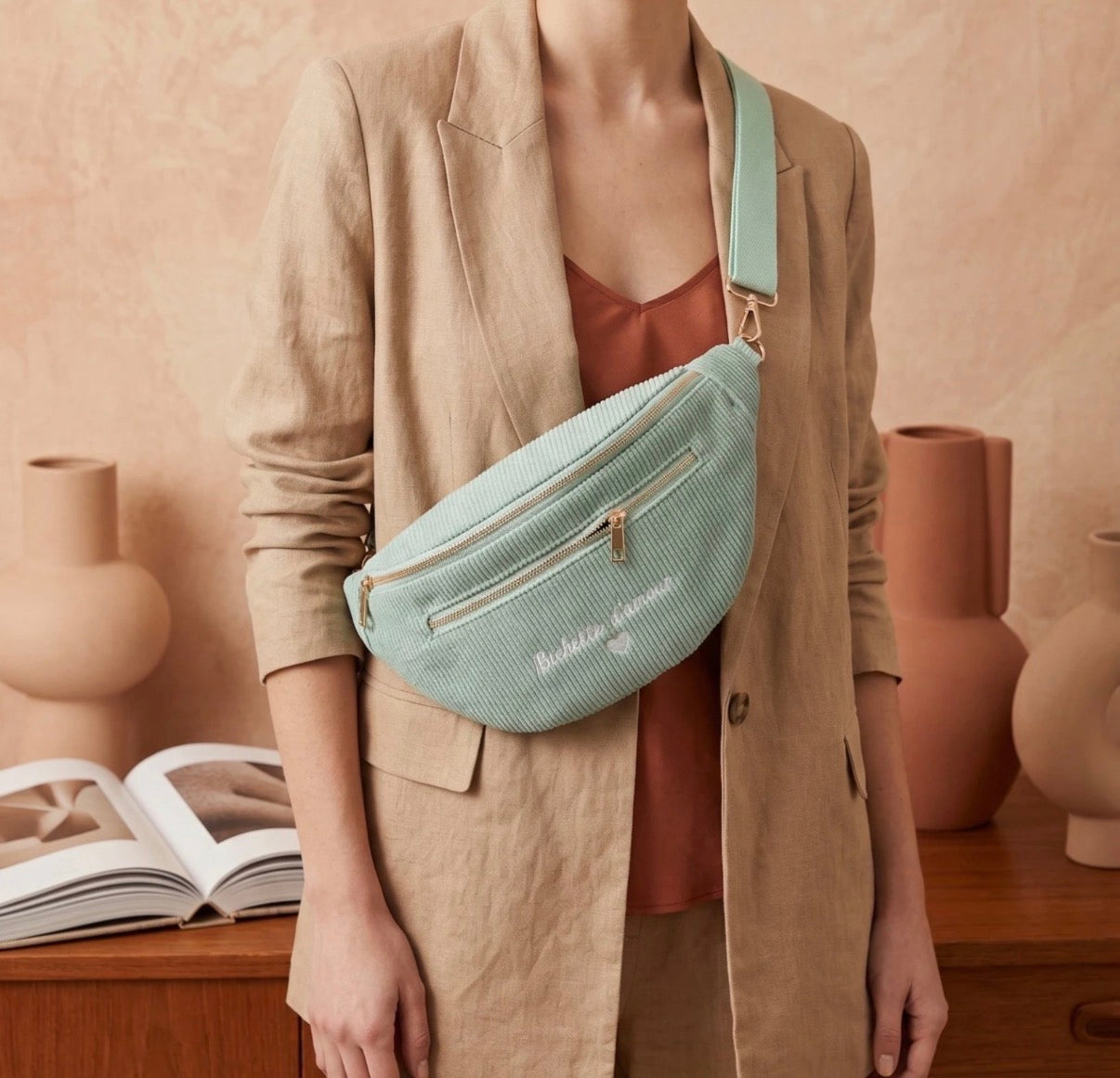 Sac banane velours Vert d'eau