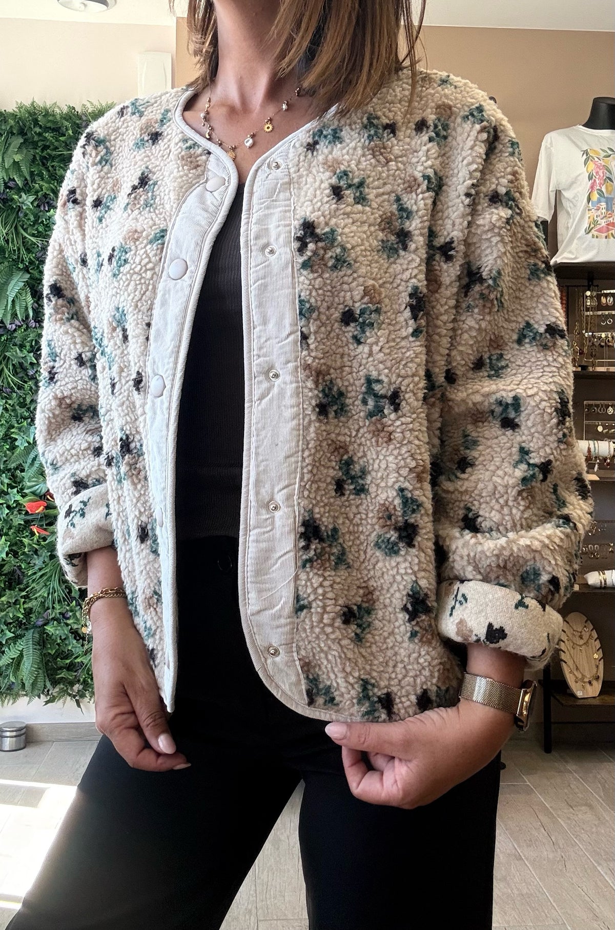 Veste moumoute Beige Fleuri