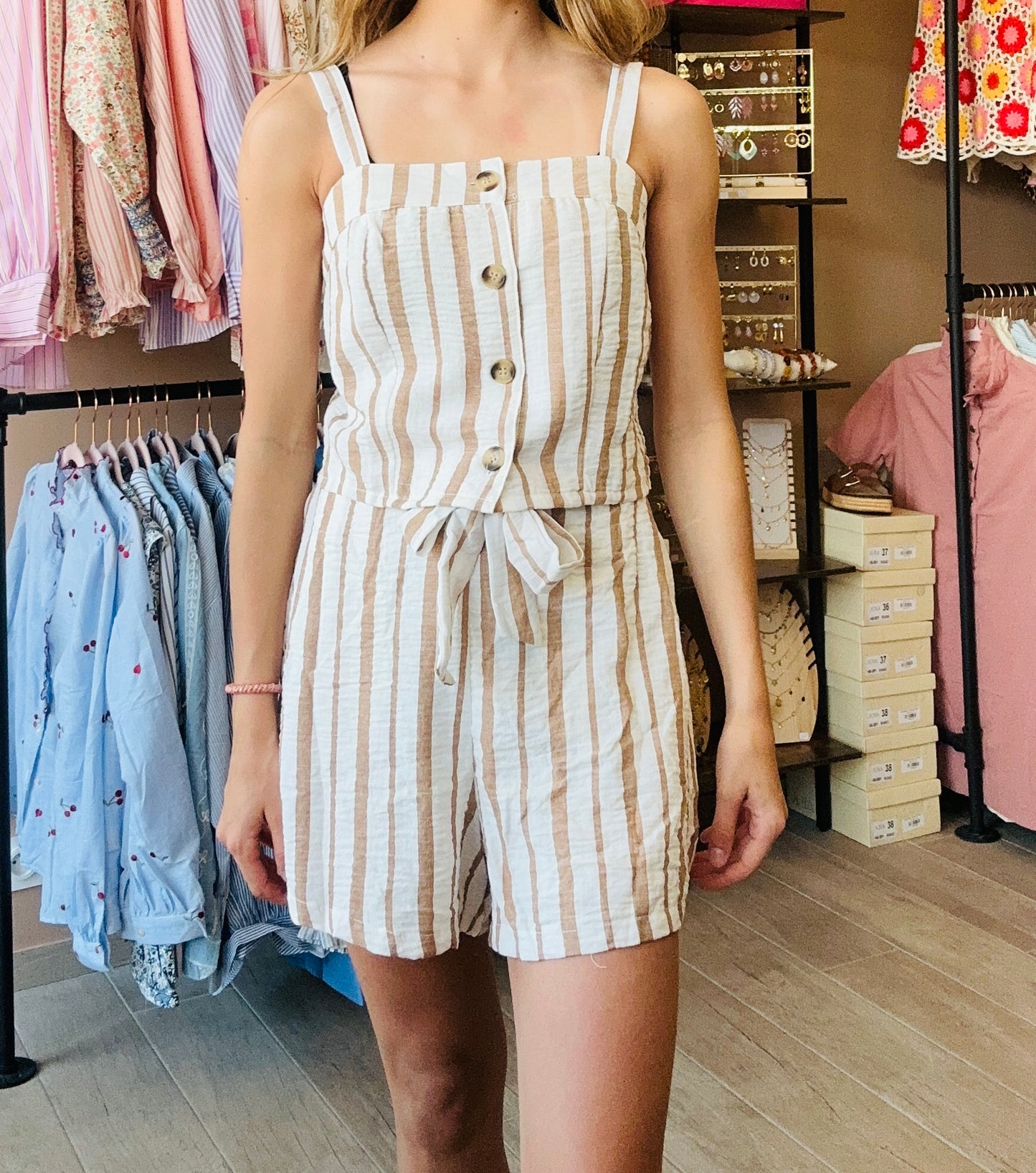 Ensemble short rayé beige