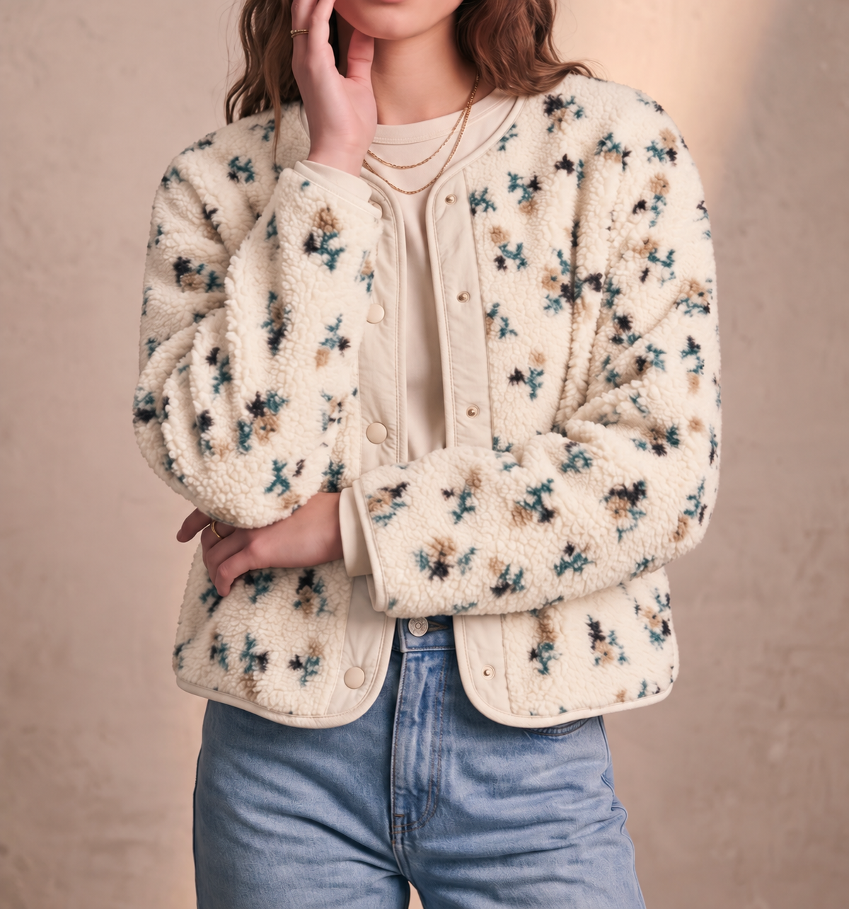 Veste moumoute Ecru Fleuri