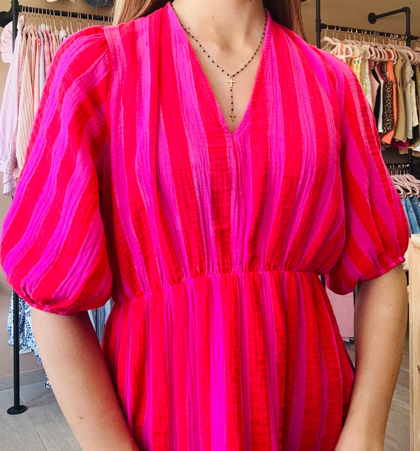Robe Gaze de coton Rayures Fushia