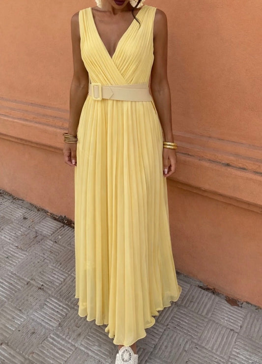 Robe Plissée Jaune Pastel