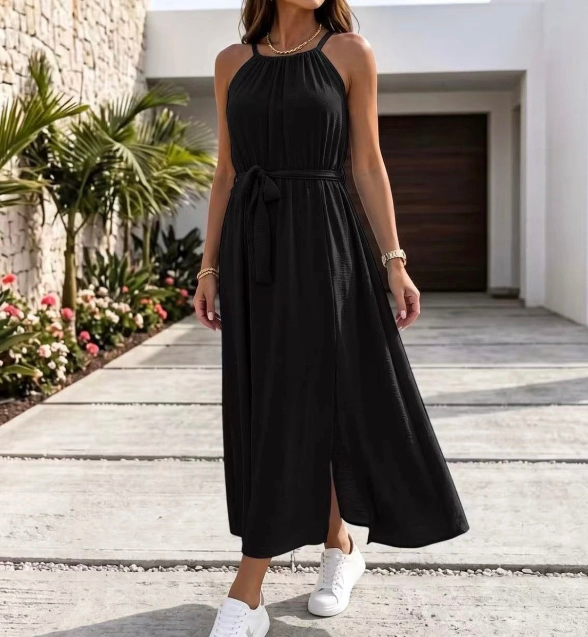 Robe longue ras du cou Noir