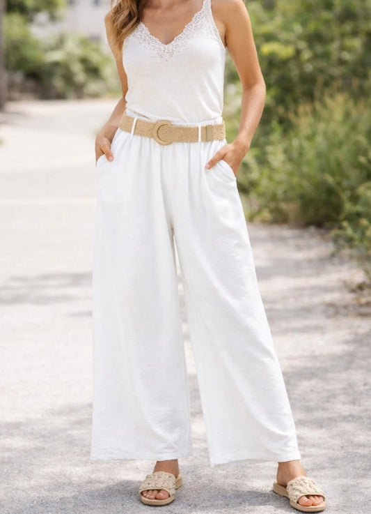 Pantalon Fluide/ceinture Blanc