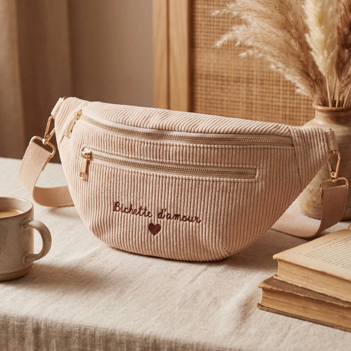 Sac banane velours Beige