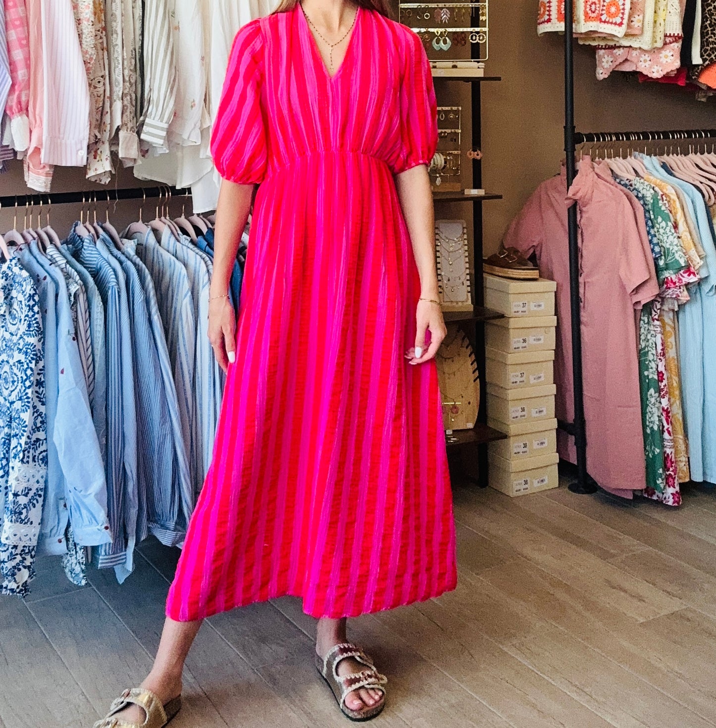 Robe Gaze de coton Rayures Fushia