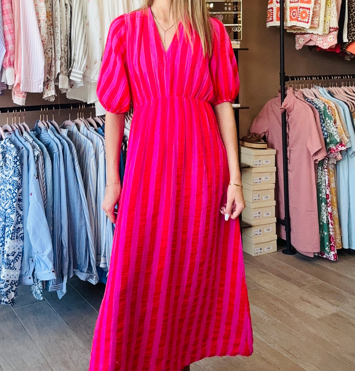 Robe Gaze de coton Rayures Fushia