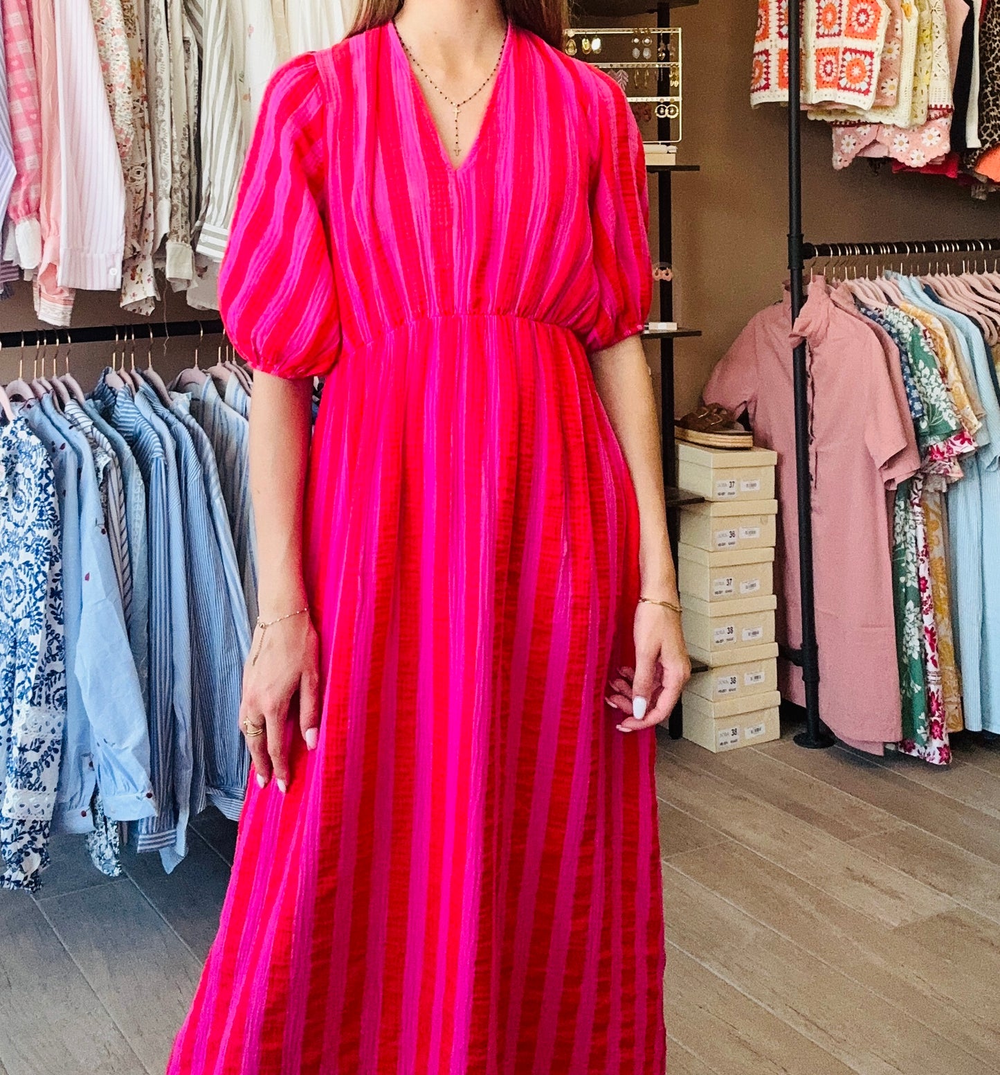 Robe Gaze de coton Rayures Fushia