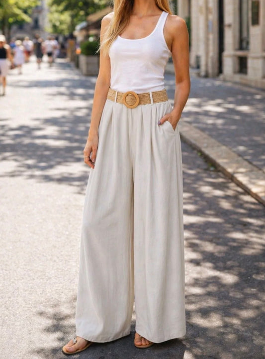 Pantalon Fluide/ceinture Ecru