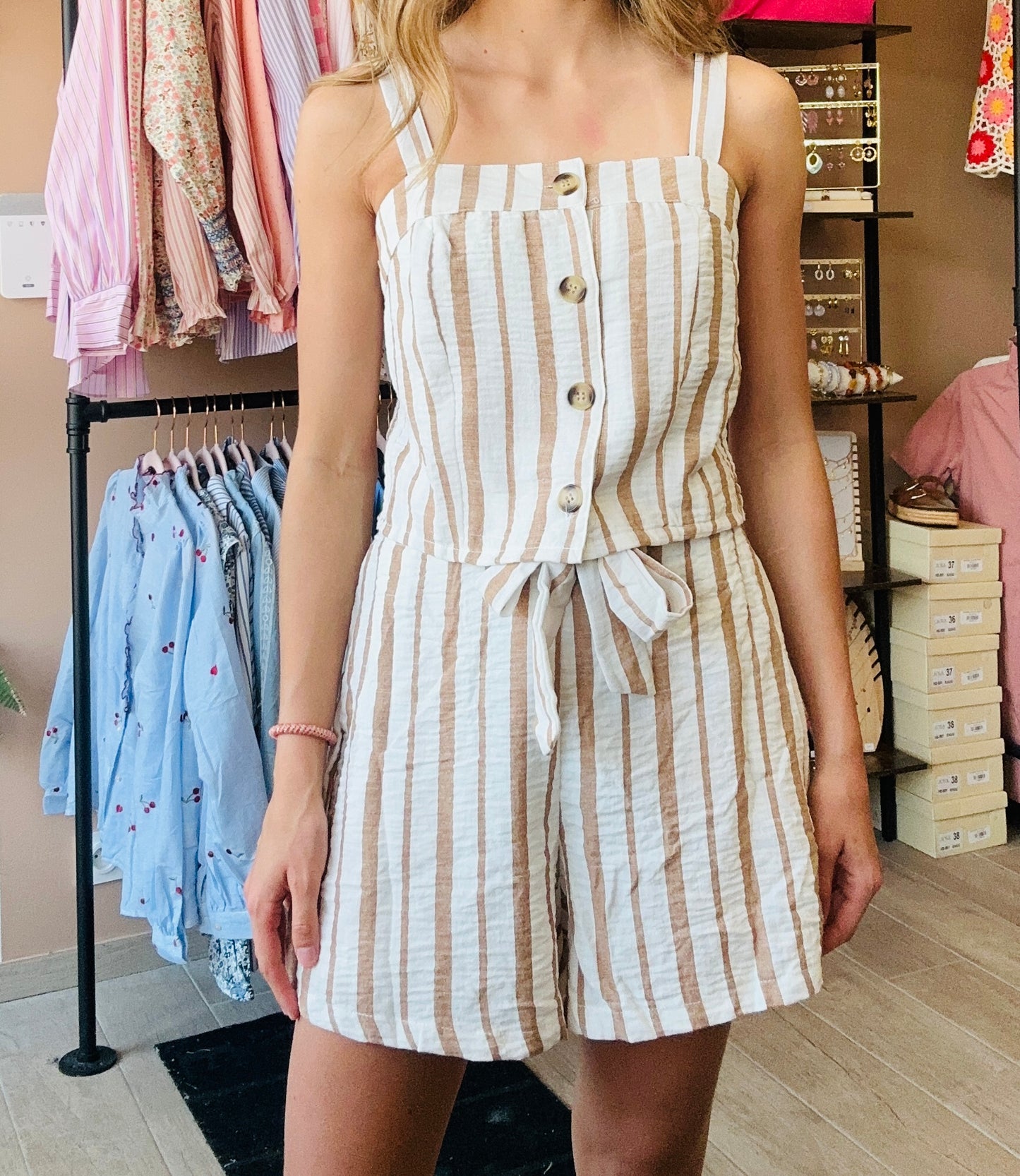Ensemble short rayé beige