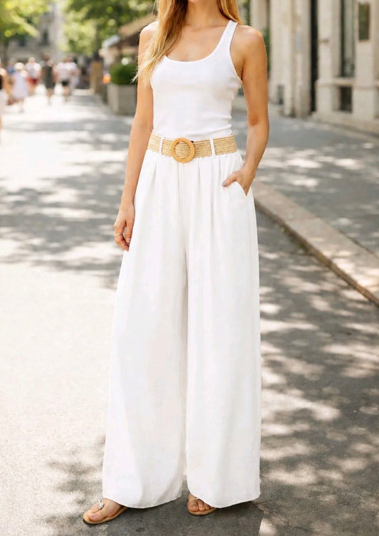 Pantalon Fluide/ceinture Blanc