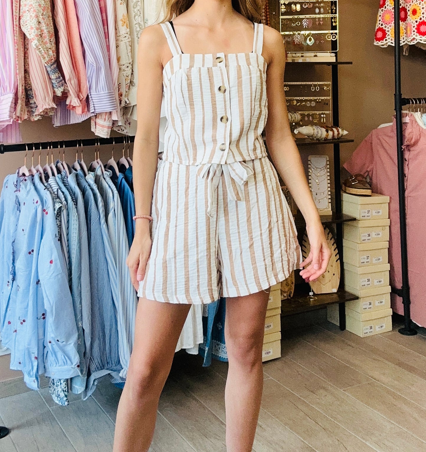 Ensemble short rayé beige