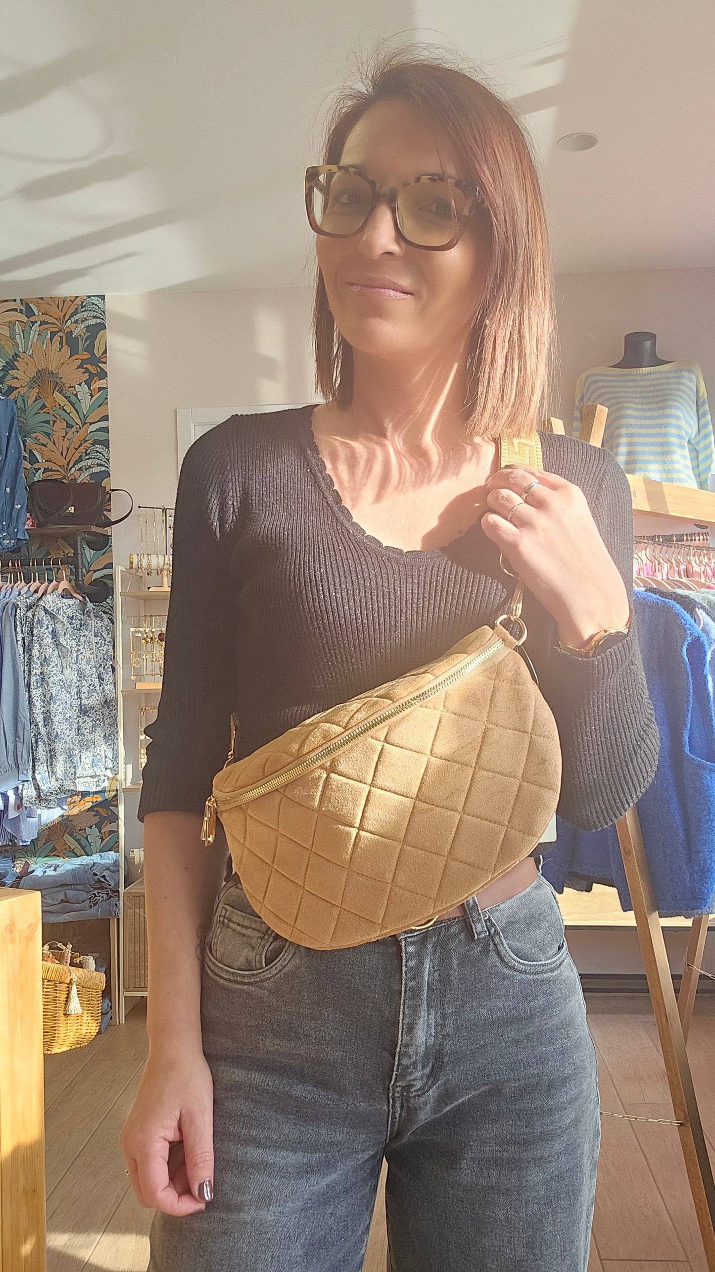 Sac banane Velours matelassé Camel