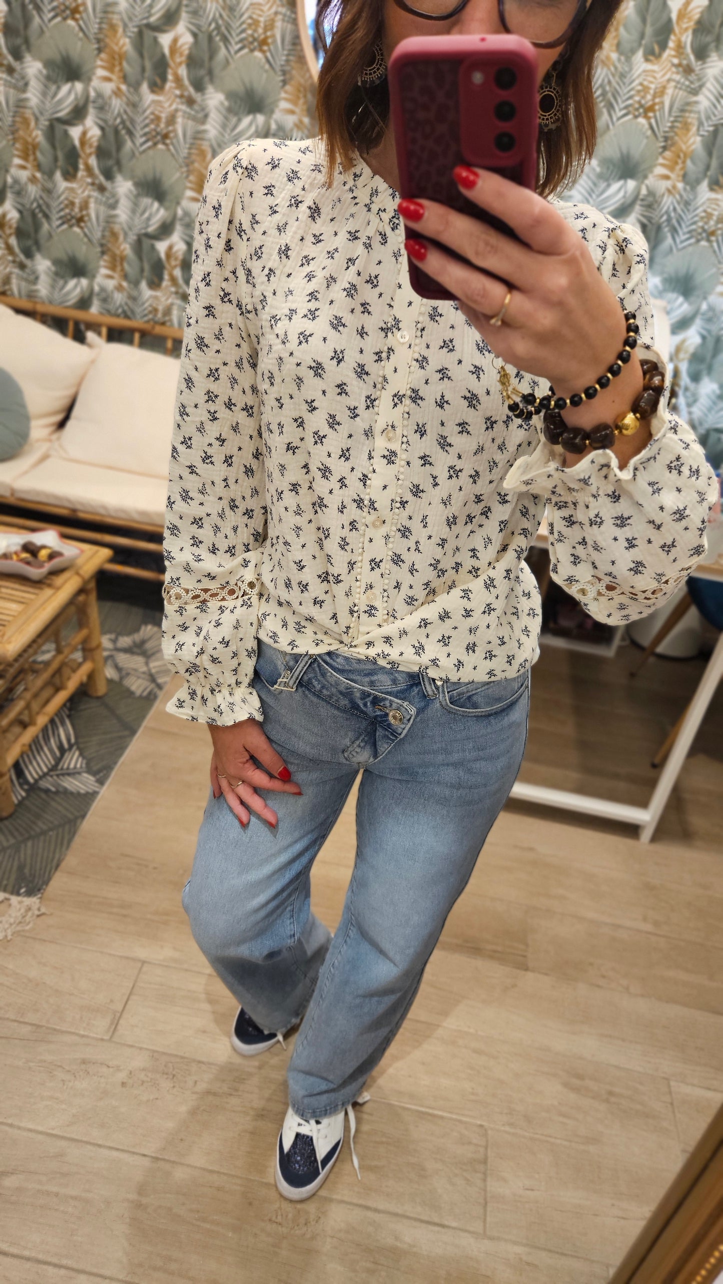 Blouse Ecru/Marine feuilles