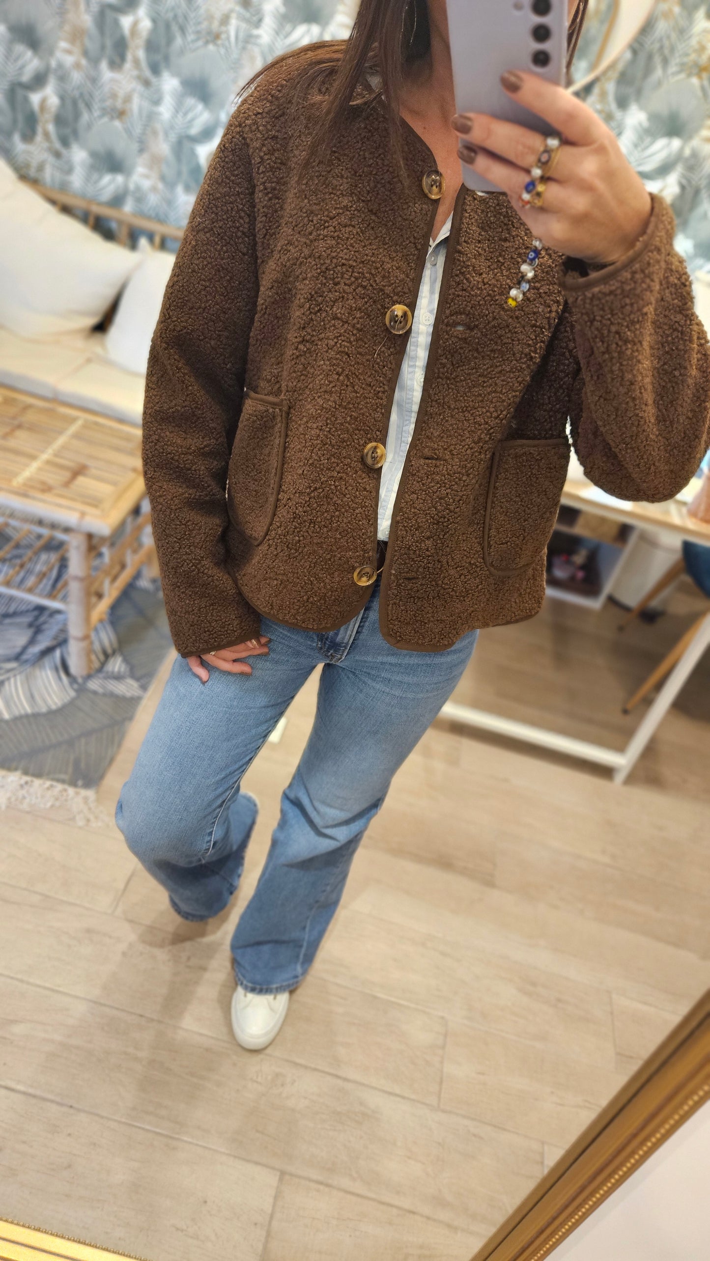 Veste teddy à boutons et poches Chocolat