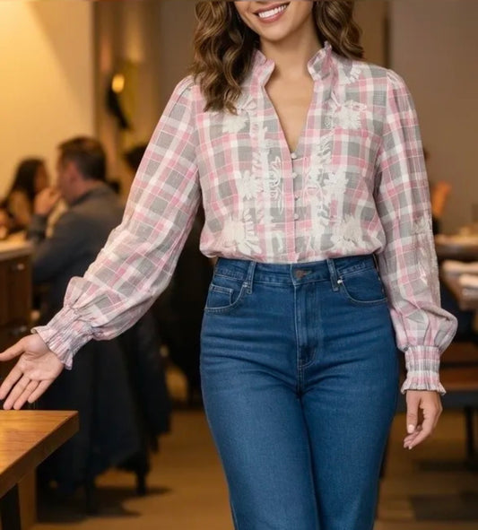 Blouse à carreaux roses/gris