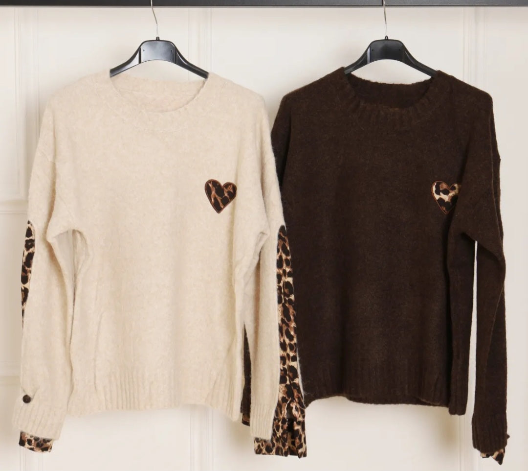 Pull Beige Coeur Léopard