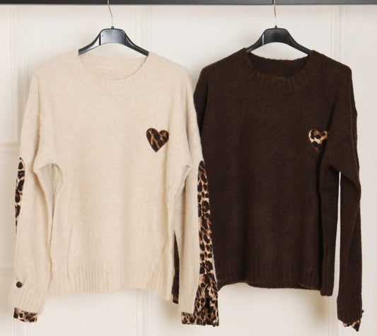 Pull Beige Coeur Léopard