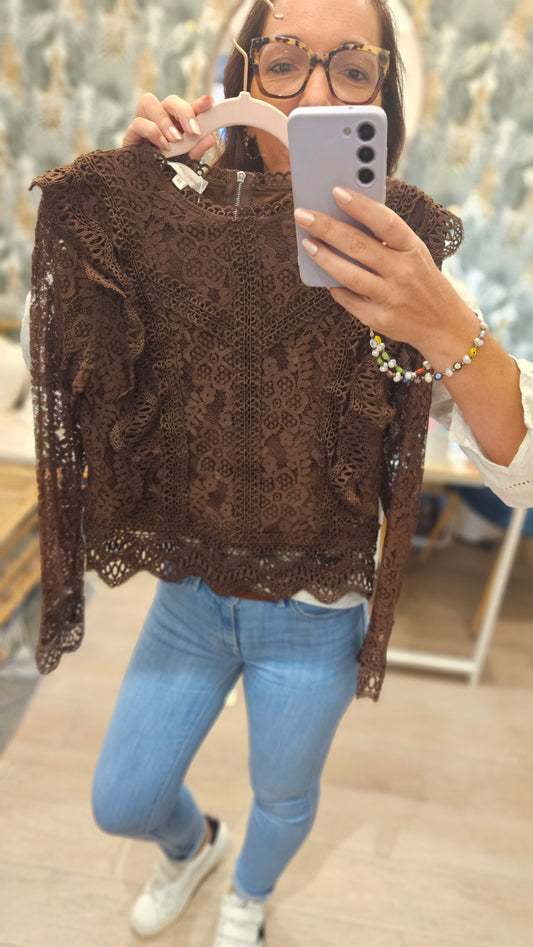 Top dentelle ML Marron