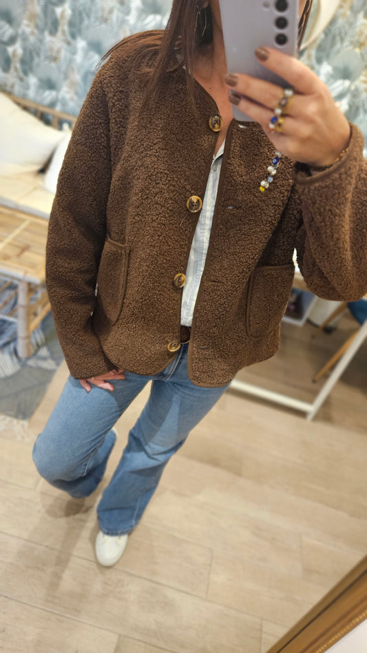 Veste teddy à boutons et poches Chocolat