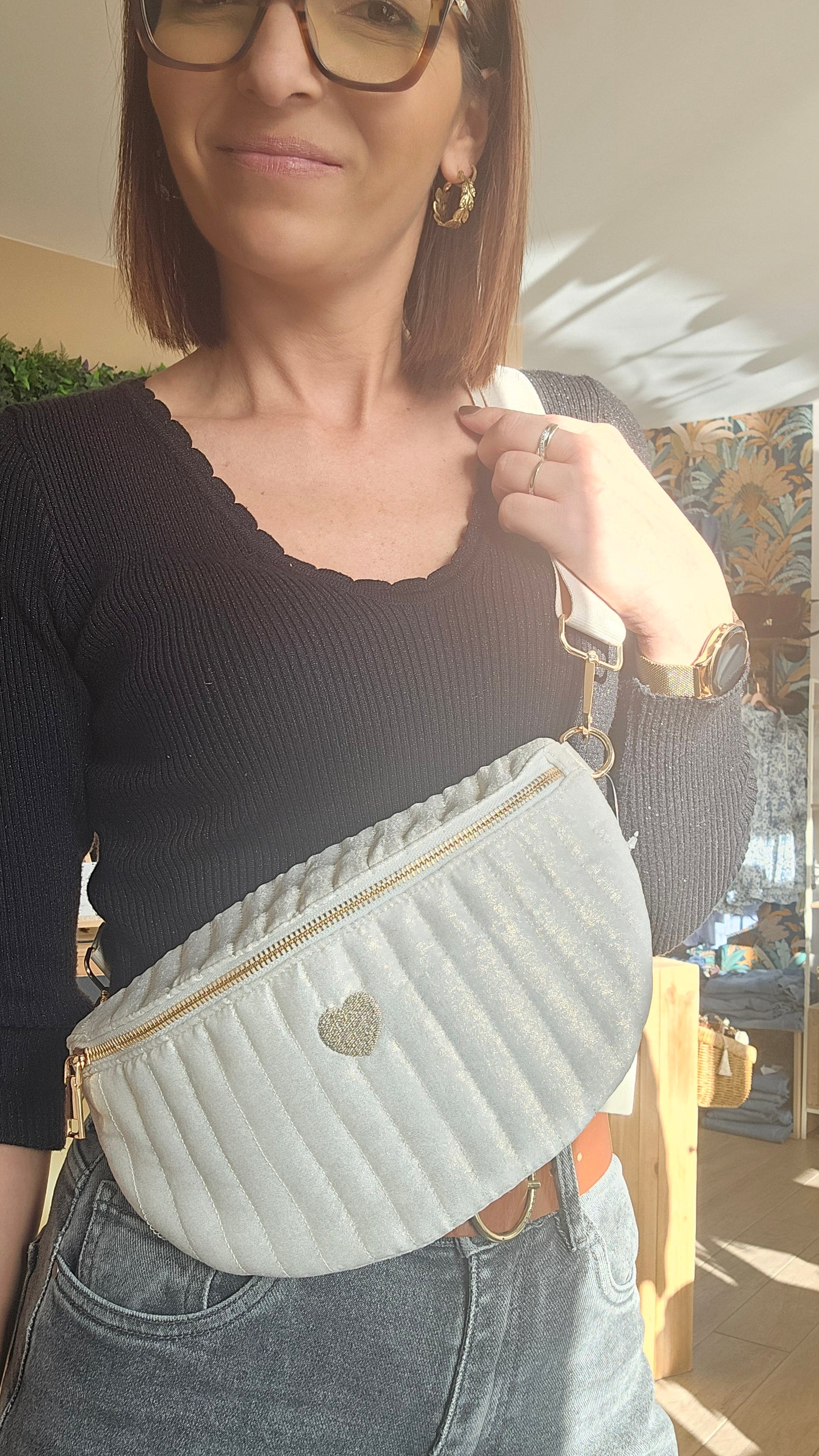 Sac banane Matelassé Coeur Crème