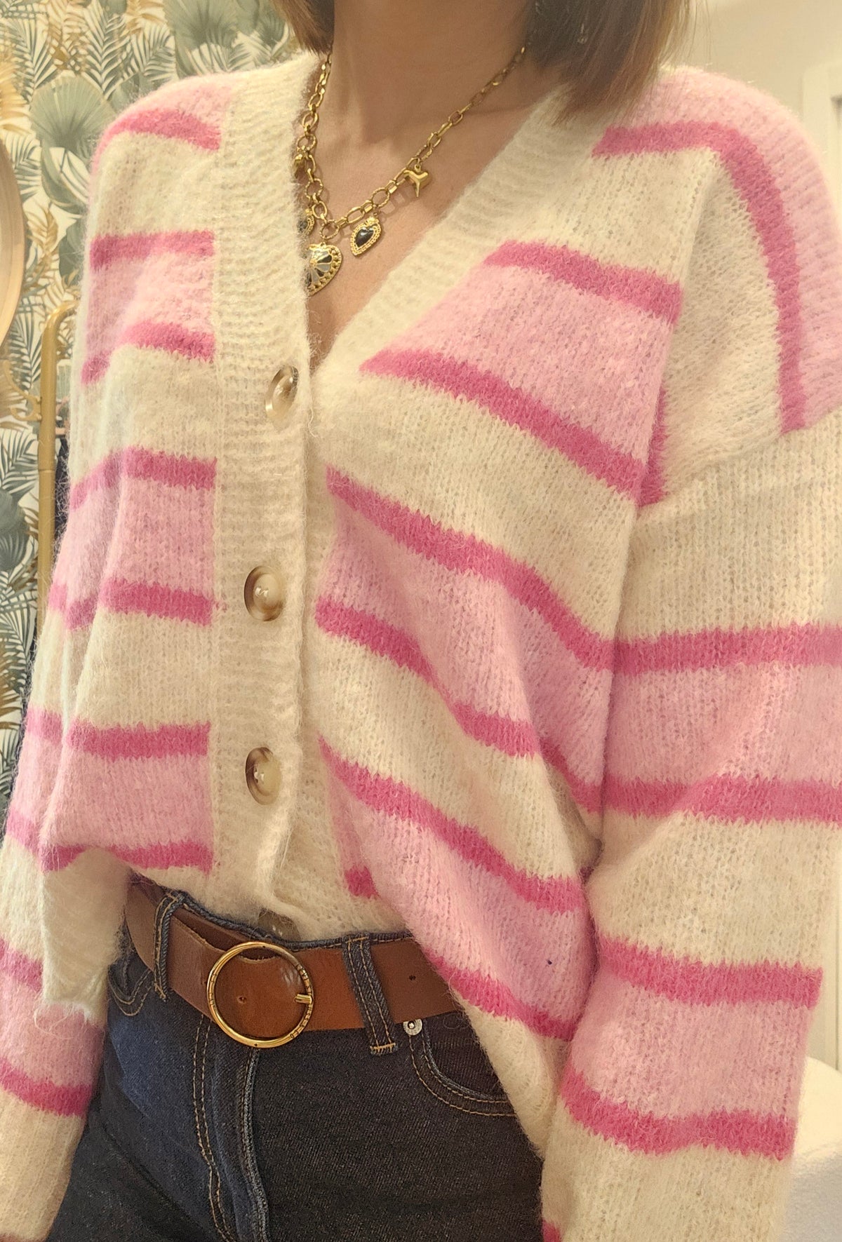Gilet Rayé Rose/Beige