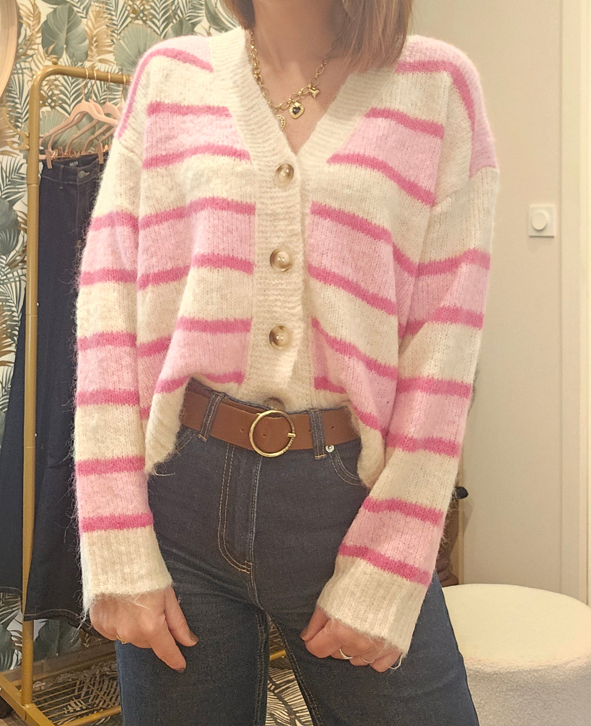 Gilet Rayé Rose/Beige