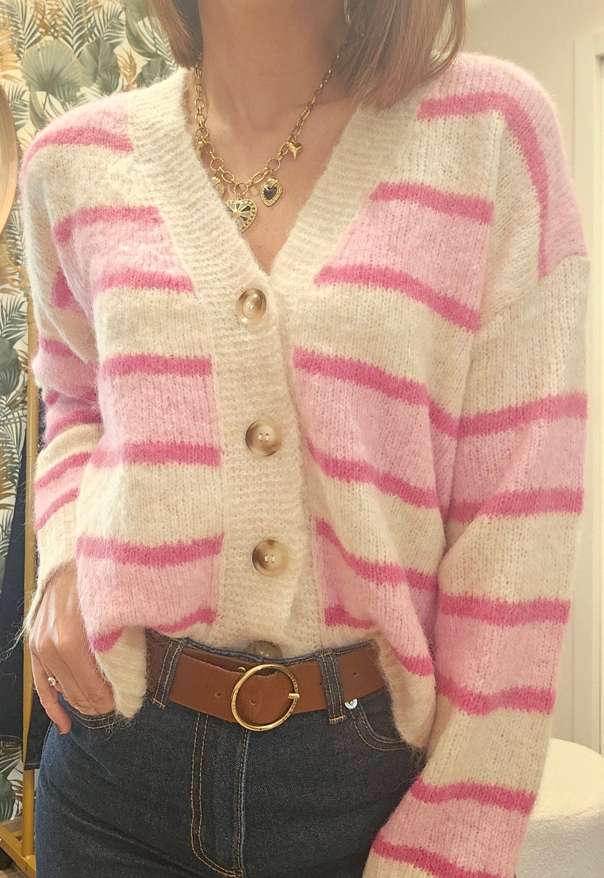 Gilet Rayé Rose/Beige