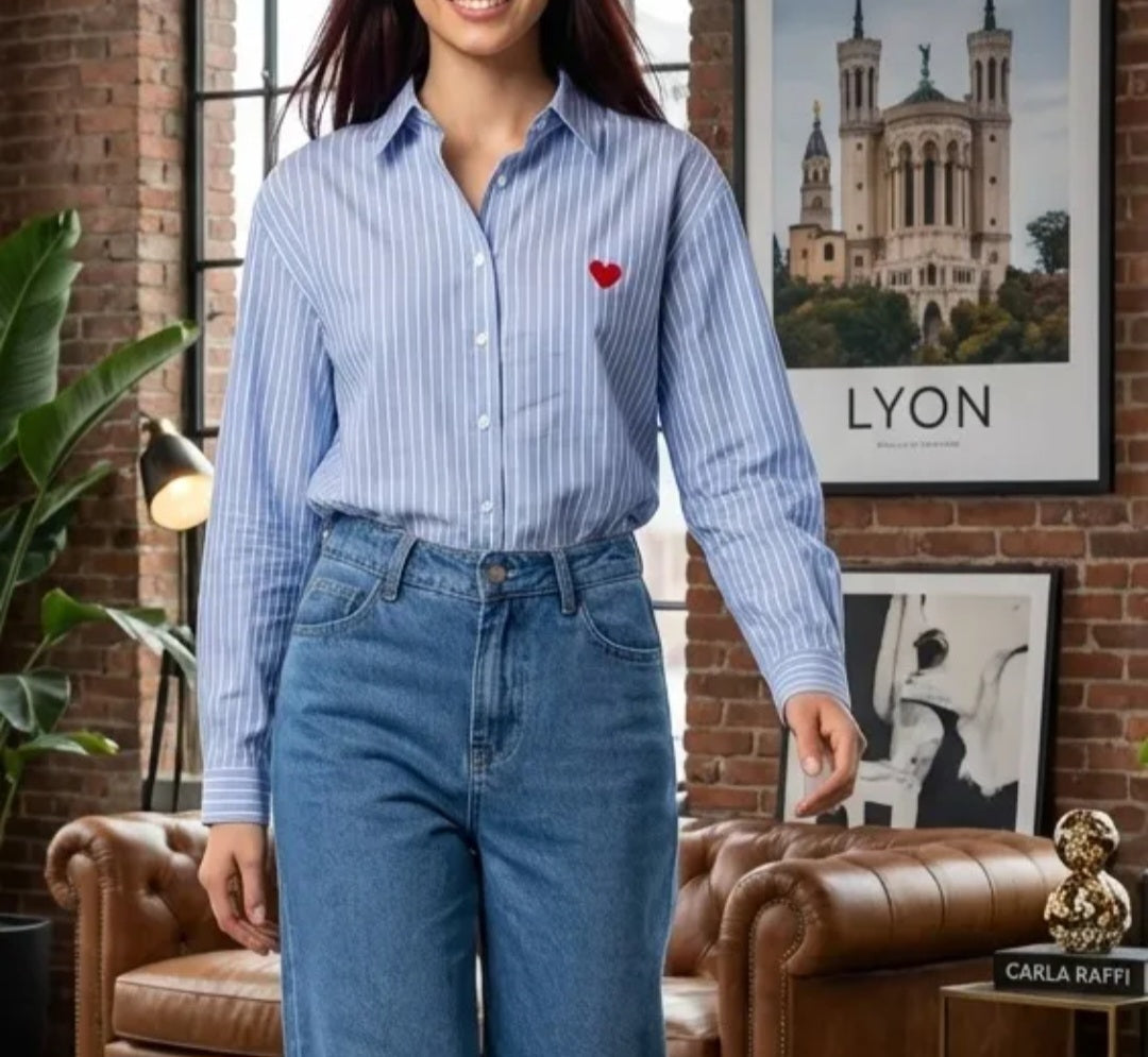 Chemise Bleue rayée Coeur