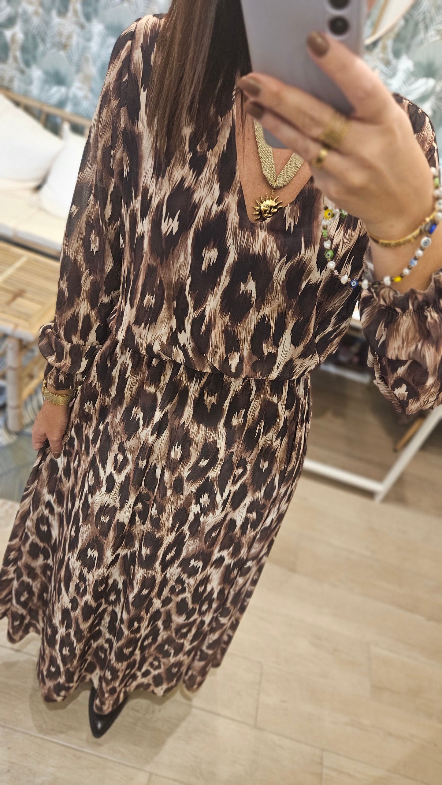 Robe longue fluide Léopard Marron