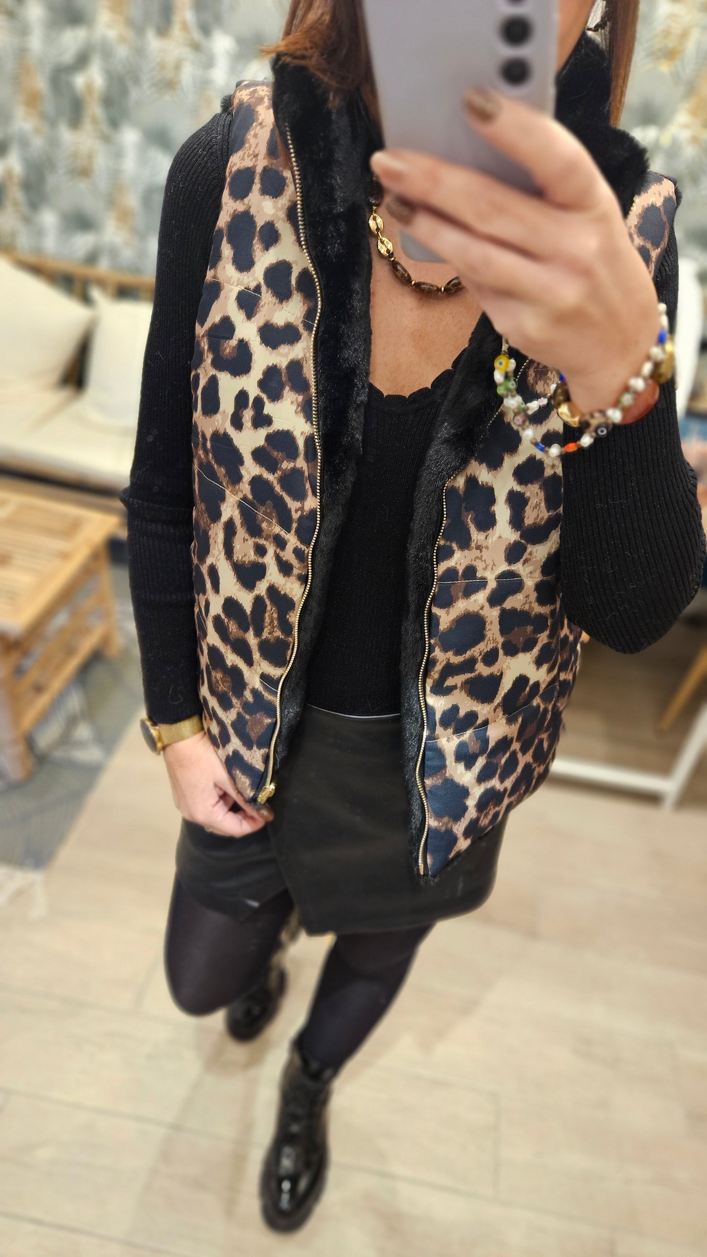 Gilet SM Léopard Noir réversible Fourrure
