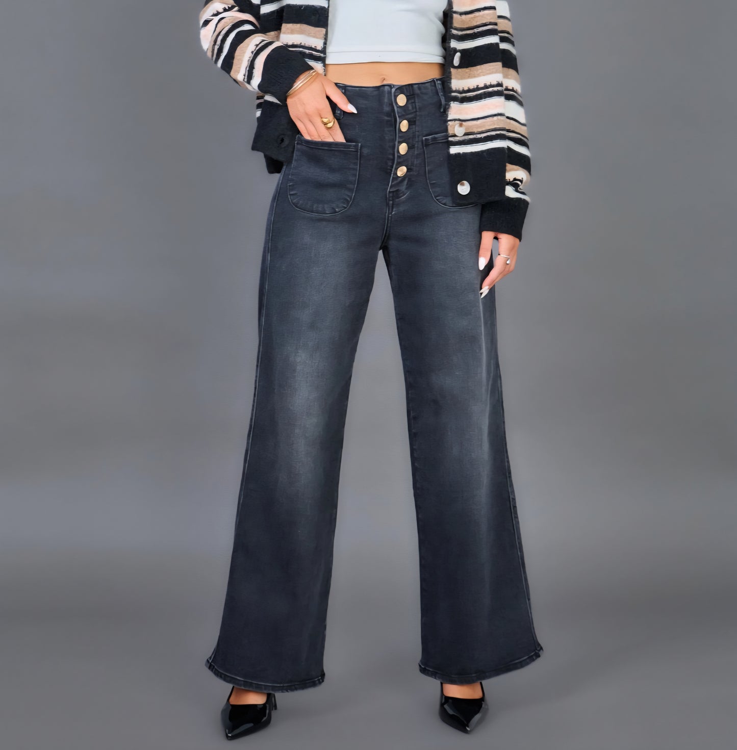 Jean Wide Leg Anthracite Boutons