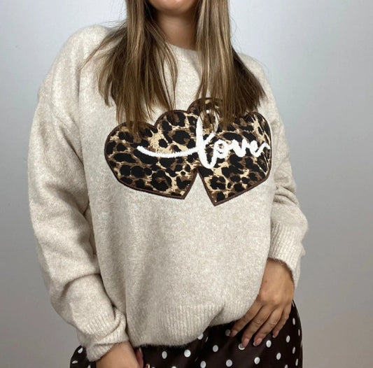 Pull écru coeur léopard