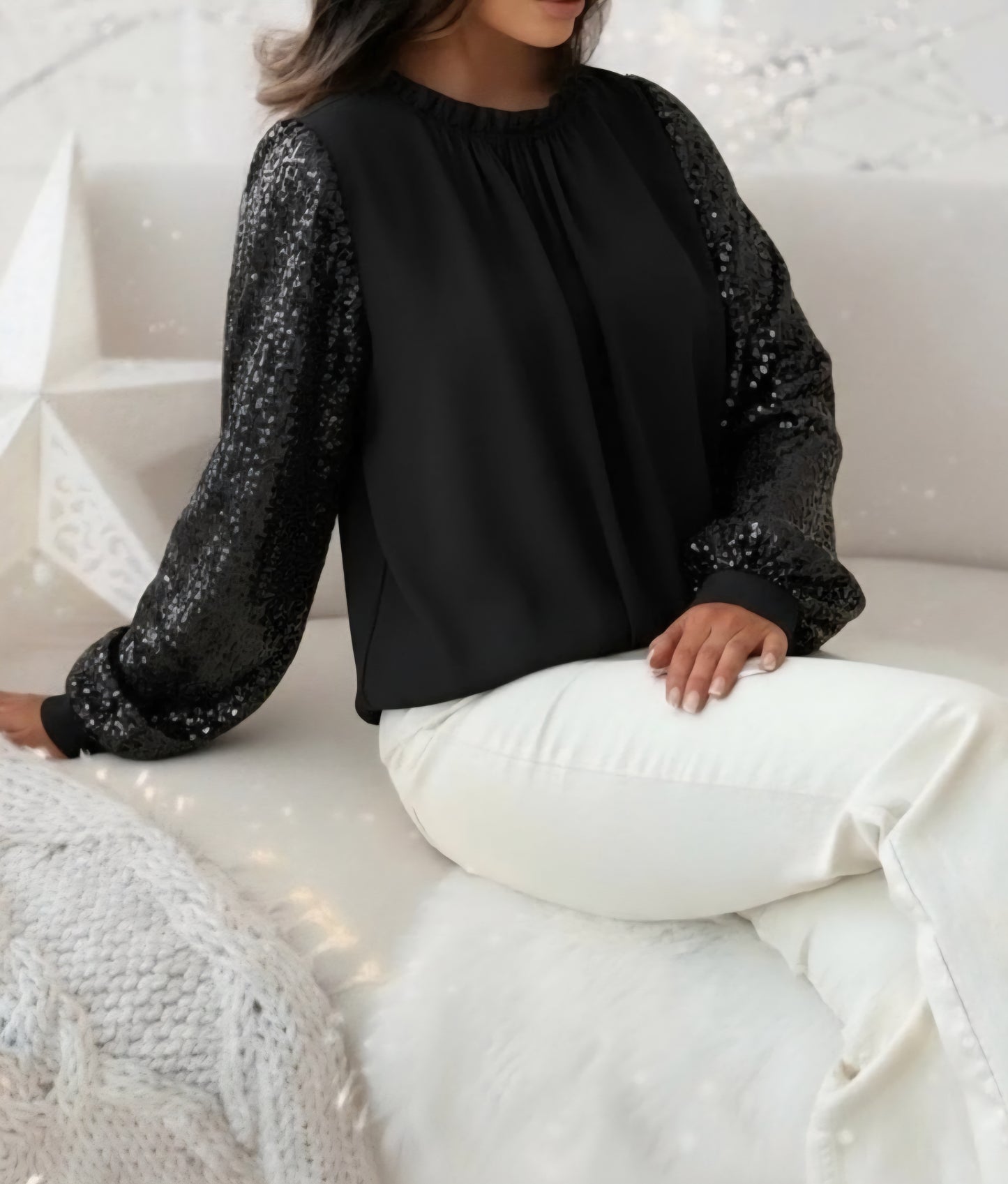 Blouse Noir col froncé